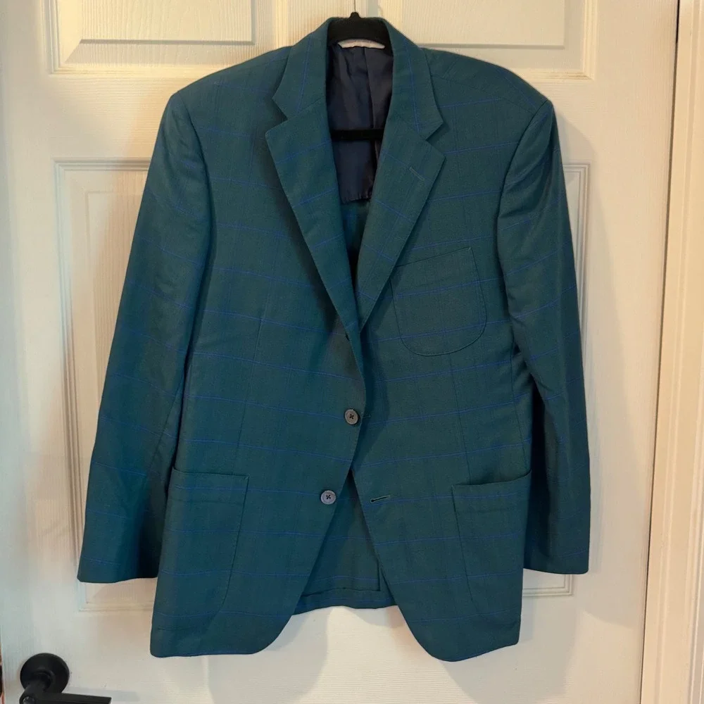 Samuelsohn Sport Coat Mens 42R Teal Blue Windowpane Colombo Icewool Silk 5340